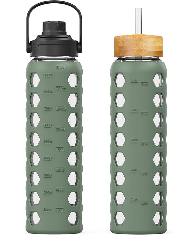 MUKOKO 32oz Glass Water Bottles with 2 Lids-Handle Spout Lid&Bamboo Straw Lid, Motivational Water Tumbler with Time Marker Reminder and Silicone Sleeve, Leakproof-Olive-1 Pack