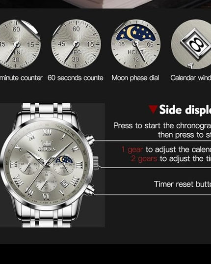 OLEVS Mens Watch Luxury Big Face Stainless Steel Analog Quartz Multifunctional Waterproof Luminous Date Two Tone Fashion Dress Wrist Watches for Man