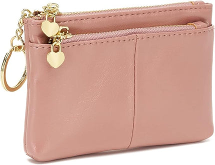 ZOOEASS Women PU Leather Zip Mini Coin Purse With Key Ring Triple Zipper Card Holder Wallet (Pink)