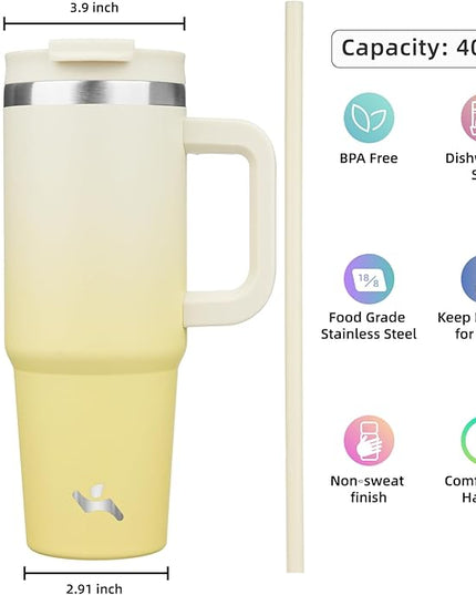 40 oz Tumbler with Handle and 2 Straws,2 in 1 Lid Insulated Water Bottle Stainless Steel Travel Coffee Mug,Lemon