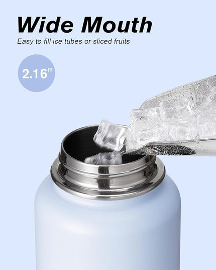 Water Bottle 32 oz Insulated with Straw, Coolflask Stainless Steel Metal 3 Lids Water Flask Wide Mouth for Sports or Office, Non-BPA Keep Cold Up to 48 Hrs or Hot Up to 24 Hrs, Light Blue