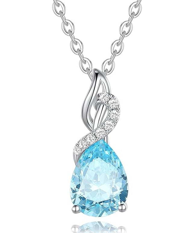 FANCIME 14K Solid White Gold Teardrop Pendant with Diamond Birthstone Necklace