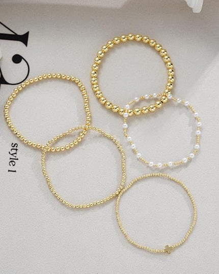 Gold Beaded Bracelets for Women, 14K Real Gold Plated Jewelry for Women Dainty Pearl Bead Bracelets Stack, Non Tarnish Trendy Stackable Ball Cross Stretch Bracelet Set Fashion Accessories Gifts