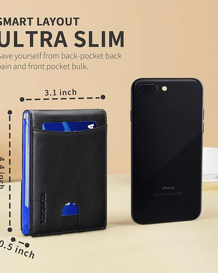 RUNBOX Slim Wallet for Men Genuine Leather RFID Blocking Bifold Minimalist Front Pocket Mens Wallet with Money Clip Thin Gift Box