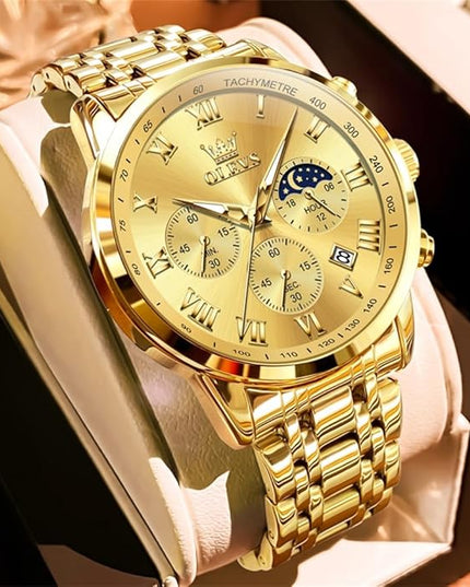 OLEVS Mens Watch Luxury Big Face Stainless Steel Analog Quartz Multifunctional Waterproof Luminous Date Two Tone Fashion Dress Wrist Watches for Man
