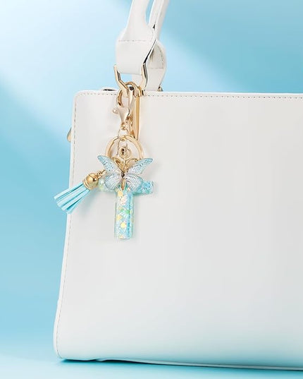 Fashion Alphabet Initial Letter Keychain Tassel Butterfly Pendant Key Ring for Purse Handbags Women Girl