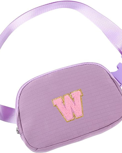 Glratn Initial Letter Patch Belt Bag Fanny Pack Crossbody Bag for Girls, Birthday Gifts for 4 5 6 7 8 9 10 11 12 13 Year Old Girls,Easter Purse Gifts for Teens Kids (Purple-W)