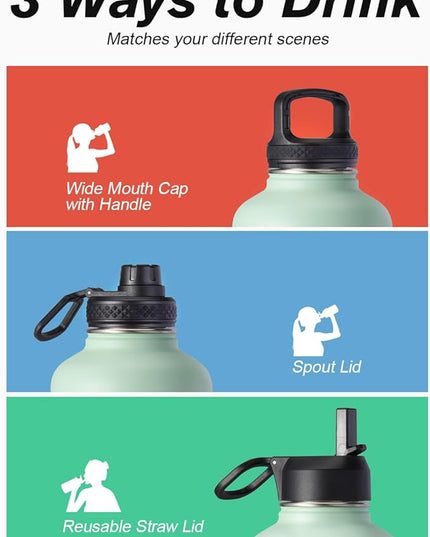 Half Gallon Water Bottle Insulated with Straw & 3 Lids, Coolflask 64 oz Water Jug Large Metal Stainless Steel Wide Mouth for Sports, Gym or Office, Non-BPA Keep Cold 48H Hot 24H, Ombre Green