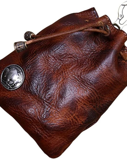 Wugebud 1 Pcs Leather Mini Medieval Pouch Keychain, Coin Organizer, Change Holder, Leather Drawstring Pouch for Men & Women