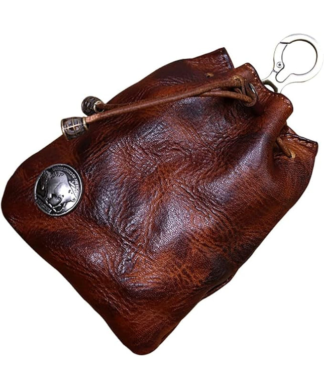 Wugebud 1 Pcs Leather Mini Medieval Pouch Keychain, Coin Organizer, Change Holder, Leather Drawstring Pouch for Men & Women