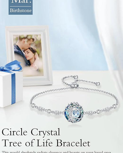 TOUPOP Tree of Life Birthstone Bracelet 925 Sterling Silver Family Tree Austrian Crystal Jewelry Anniversary Birthday Christmas Gifts for Women Wife Girlfriend Her