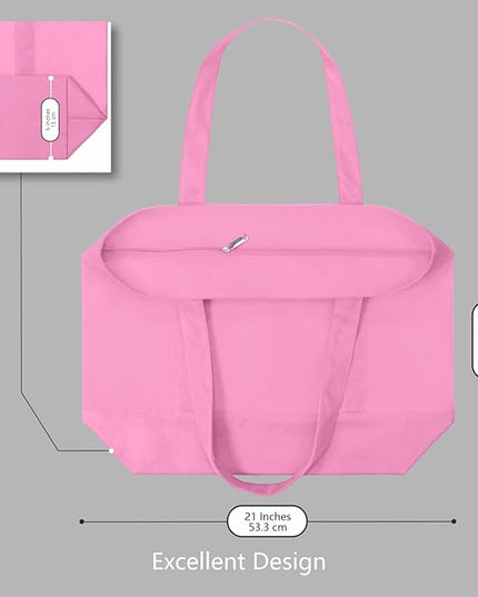 TOPDesign 3-Pack Canvas Tote Bags with an External Pocket, Reusable Grocery Shopping Bags, Top Zipper Closure, Daily Essentials (Pink)