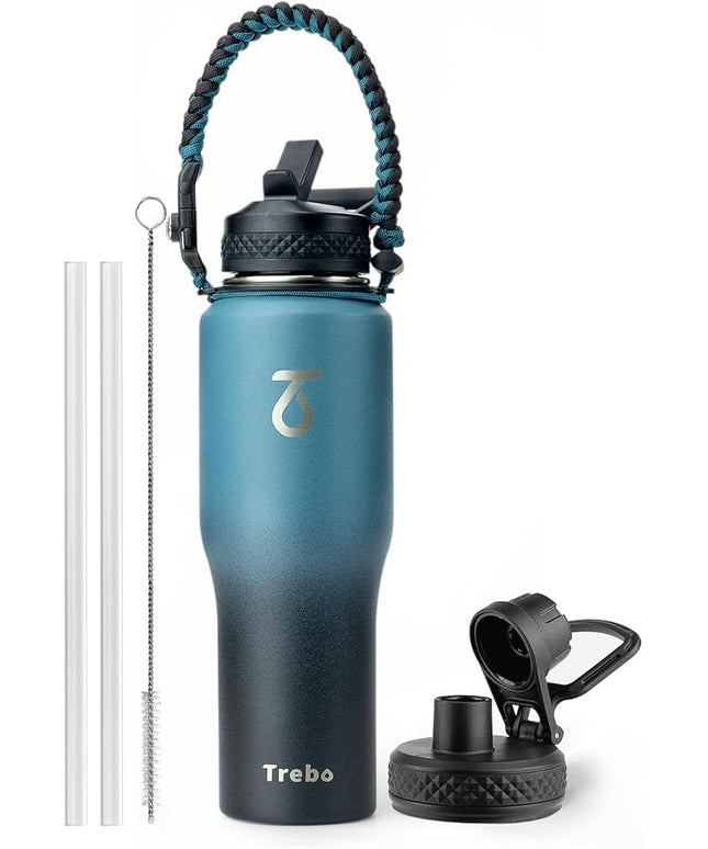 Trebo 32oz Insulated Water Bottle that Fits in Cup Holder, Stainless Steel Double Wall Tumbler Flask Bottles with Paracord Handle, with Straw Spout Lids, Keep Cold for 48 Hrs/Hot 24 Hrs,Indigo/Black