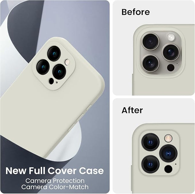 FireNova Designed for iPhone 15 Pro Case, Silicone Upgraded [Camera Protection] Phone Case with [2 Screen Protectors], Soft Anti-Scratch Microfiber Lining Inside, 6.1 inch, Stone