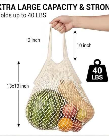 Mesh Grocery Bags 4 Pack, Reusable Cotton String Shopping Totes with Long Handles, Heavy Duty Holds 40lbs for Farmers Market, Produce, Fruit, Vegetable Storage & Beach