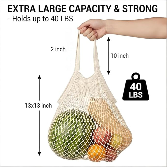 Mesh Grocery Bags 4 Pack, Reusable Cotton String Shopping Totes with Long Handles, Heavy Duty Holds 40lbs for Farmers Market, Produce, Fruit, Vegetable Storage & Beach