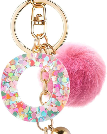 Resin Alphabet Initial Letter Keychain Keyring for Women Purse Handbags With Fur Ball Pom
