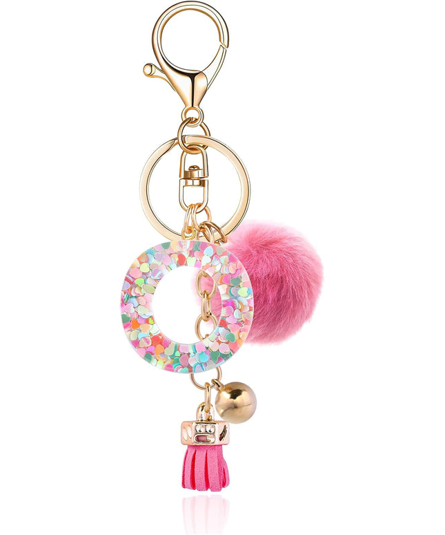 Resin Alphabet Initial Letter Keychain Keyring for Women Purse Handbags With Fur Ball Pom