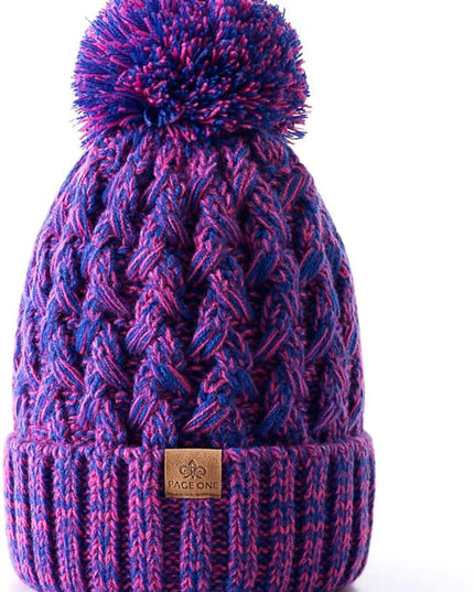 PAGE ONE Womens Winter Ribbed Beanie Crossed Cap Chunky Cable Knit Pompom Soft Warm Hat