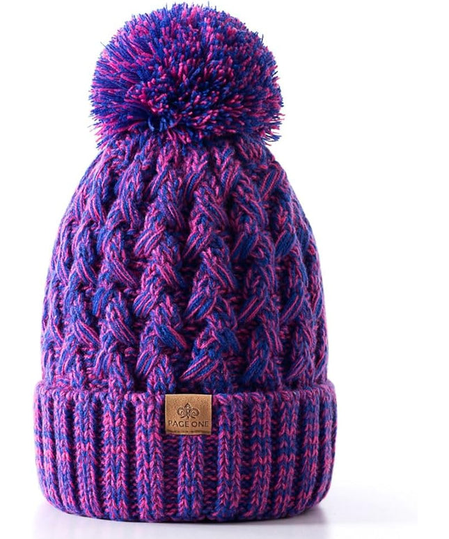 PAGE ONE Womens Winter Ribbed Beanie Crossed Cap Chunky Cable Knit Pompom Soft Warm Hat
