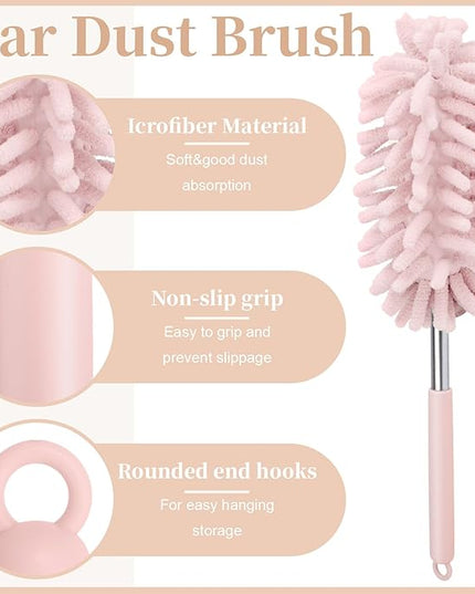 2 PCS Car Interior Duster with Extension Pole, Microfiber Car Duster with Bendable Head, Cars Dusters Exterior&Interior Scratch Free, for Cleaning of Vehicle Details, Offices, Windows(Pink)