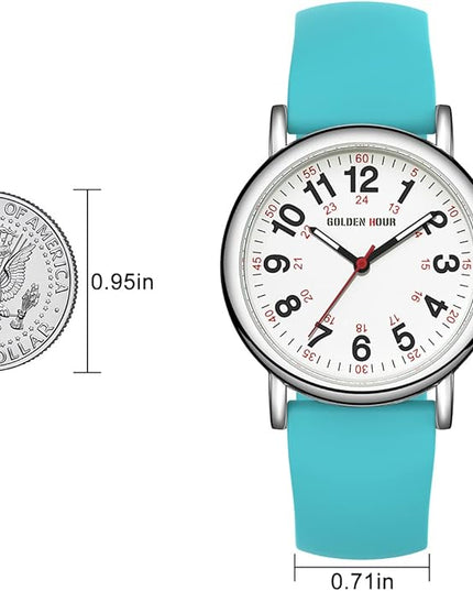 GOLDEN HOUR Waterproof Nurse Watch for Medical Professionals, Students Women Men - Military Time Luminouse Easy Read Dial, 24 Hour with Second Hand, Colorful Silicone Band