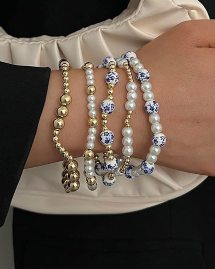 Gold Beaded Bracelets for Women, 14K Real Gold Plated Jewelry for Women Dainty Pearl Bead Bracelets Stack, Non Tarnish Trendy Stackable Ball Cross Stretch Bracelet Set Fashion Accessories Gifts