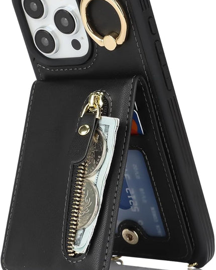 for iPhone 15 Pro Max Wallet Case with Card Holder, for iPhone 15 Pro Max Case Wallet with Strap Credit Card Slot, Crossbody Bag with Zipper Case for iPhone15 Pro Max - Black