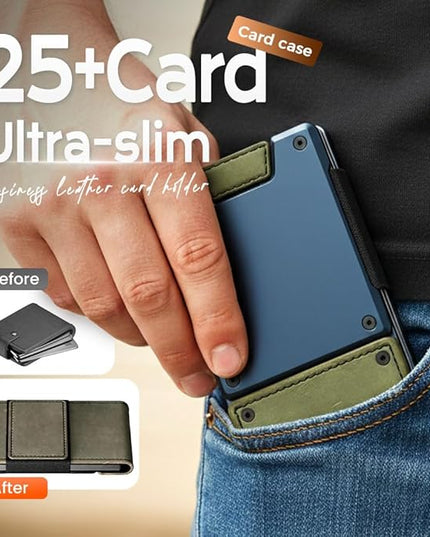 Slim Wallet for Men - Minimalist Compact Wallet and 25+ Card Holder, RFID Protected Front Pocket Wallets for Men with Integrated Elastic, Pocket Fashion Credit Card Holder (Green)