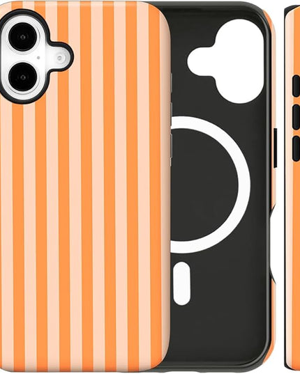 Magnetic for iPhone 16 Case Cute Stripes Phone Case, Shockproof Slim TPU and Hard PC Protective Phone Cover Compatible with MagSafe Designed for Women Girls, Orange