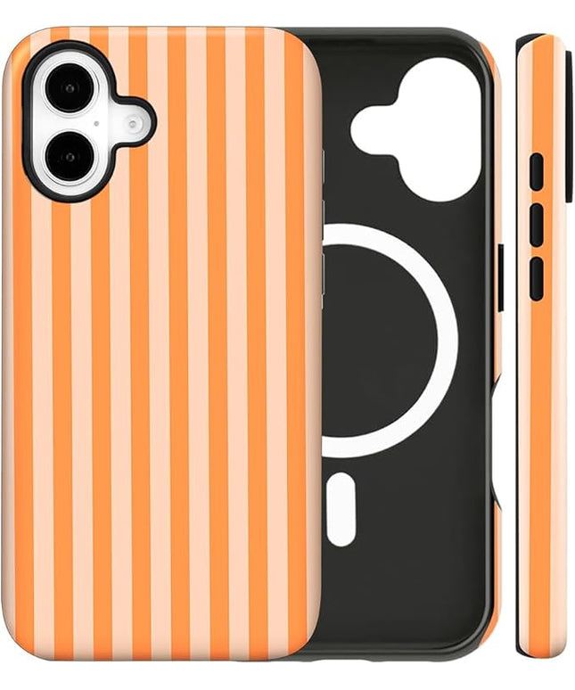 Magnetic for iPhone 16 Plus Case Cute Stripes Phone Case, Shockproof Slim TPU and Hard PC Protective Phone Cover Compatible with MagSafe Designed for Women Girls, Orange