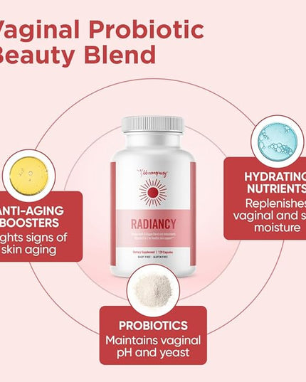BB Company Radiancy | Vaginal Probiotics for Vaginal Dryness, pH Balance | Fights Itch, Odor | Anti-Aging | Hyaluronic Acid, Probiotics, Vitamin C, Multi Collagen | 120 Ct