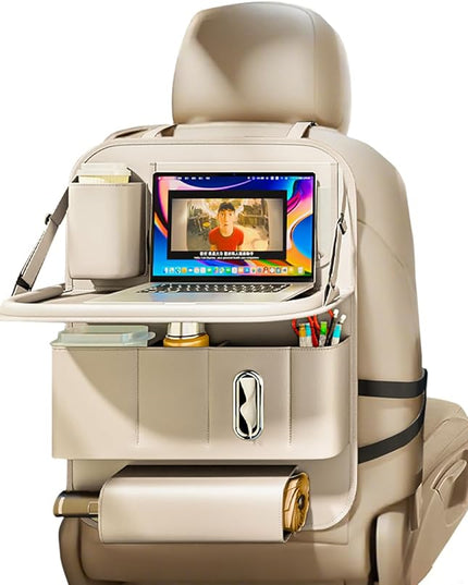 Car Seat Organizers,Multi-functional Back Seat Protectors, Storage Pouches, Child kicking prevention and Tray Holders (for Cars, Kids, Seat Back and Rear Seats) (Beige, 1 Pcs)