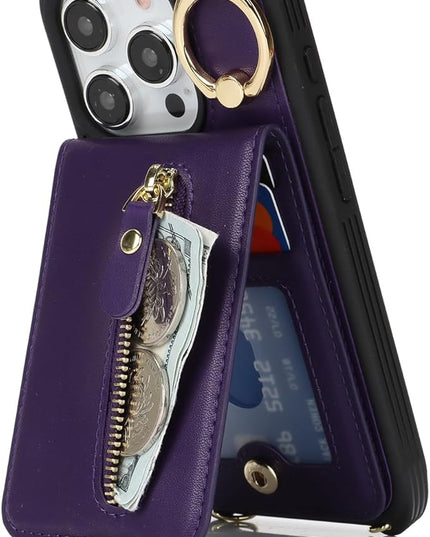 for iPhone 15 Pro Max Wallet Case with Card Holder, for iPhone 15 Pro Max Case Wallet with Strap Credit Card Slot, Crossbody Bag with Zipper Case for iPhone15 Pro Max - Purple
