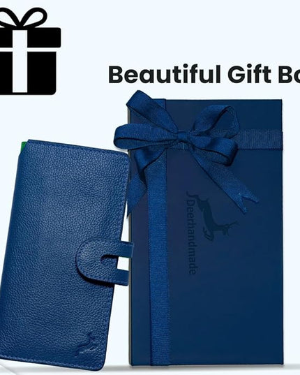 DEERHANDMADE womens wallet (Holds 15-18 Cards, 4 Flat Pockets, 1 ID Windows) Genuine Leather clutch purses for women | Slim long wallets for women | rfid blocking wallet (blue wallets for women)