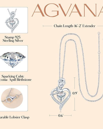 AGVANA Christmas Gifts Rosy Reverie Birthstone Necklace for Women Sterling Silver Genuine or Created Gemstone Rose Flower Heart Pendant Necklace Anniversary Birthday Gifts for Women Mom Wife Her