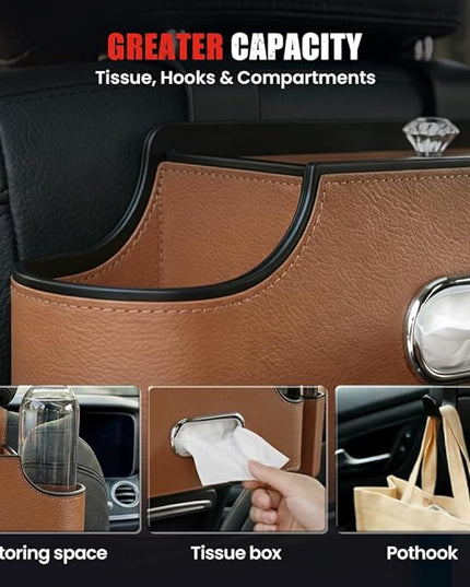 3-in-1 Back Seat Car Organizer, Car Seat Back Storage Box with Dual Cup Holders, Tissue Box, Trash Bin and Hooks, Multifunctional Back Seat Car Organizer for Travel and Daily Driving (Brown)