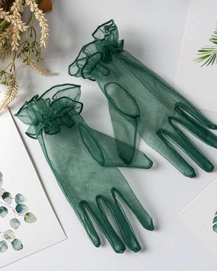 Women's Summer Tulle Gloves Pleated Ruffle Full Finger Wrist Length Opera Party Gloves