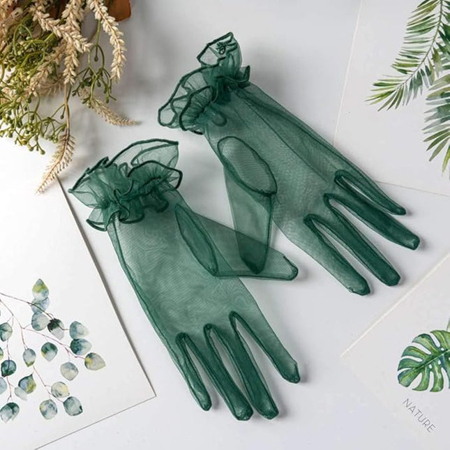 Women's Summer Tulle Gloves Pleated Ruffle Full Finger Wrist Length Opera Party Gloves