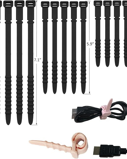 Silicone Zip Ties, Reusable Zip Ties, Rubber Cable Ties Straps for Wire Management, Elastic Silicone Ties Cable Organizer for Home Office, Cord Ties in Three Sizes 4.5" 5.9" and 7.1" (5+5+5 Pcs Black)