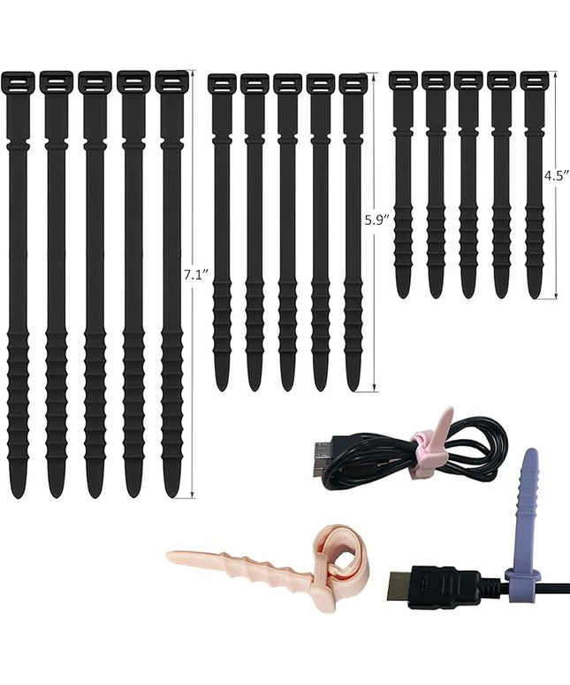 Silicone Zip Ties, Reusable Zip Ties, Rubber Cable Ties Straps for Wire Management, Elastic Silicone Ties Cable Organizer for Home Office, Cord Ties in Three Sizes 4.5" 5.9" and 7.1" (5+5+5 Pcs Black)
