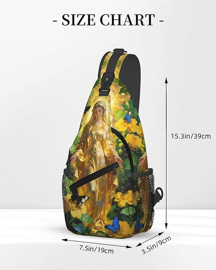 Our Lady of Guadalupe Sling Bag Crossbody Bags Clovers Chest Bag for Travel Hiking for Men Women Golden Mary 9
