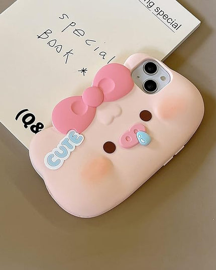 Case Compatible with iPhone 15 Pro,Cute 3D Kawaii Funny Pig Bow Cartoon Cover with Keychain Soft Silicone Gel Drop Protector Women Girls