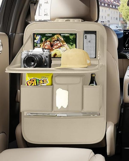GMQ Back Seat Car Organizer 1 Pack,Backseat Organizer with Tray,Multifunctional Car Seat Back Storage Box with Foldable Tablet Holder (Beige, Plain weave)