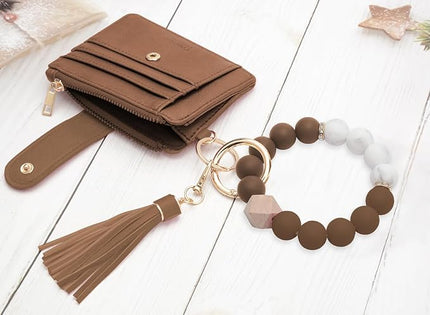 COOLANS Silicone Bracelet Wristlet Wallet Credit Card Holder RFID,ID Window,Key Ring Tassel,Slim Wallet Women Keychain Purse