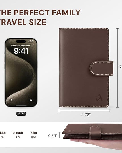 ALLIVE Family Passport Holder, Rfid Blocking Passport Wallet with AirTag Slot, Genuine Leather Travel Document Organizer for Women & Men, Airport Essentials, Travel Gift (Coffee Brown)