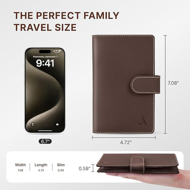 ALLIVE Family Passport Holder, Rfid Blocking Passport Wallet with AirTag Slot, Genuine Leather Travel Document Organizer for Women & Men, Airport Essentials, Travel Gift (Coffee Brown)