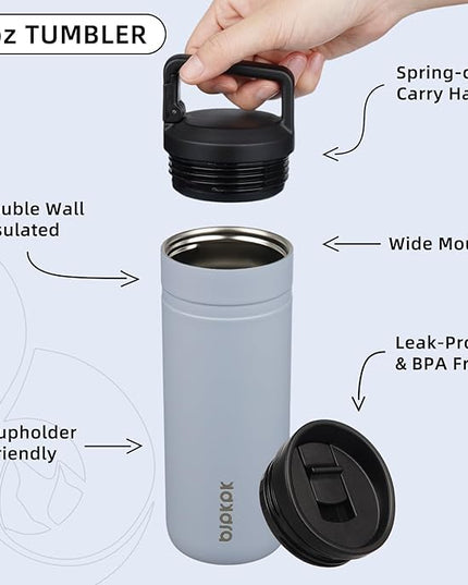 BJPKPK Insulated Water Bottle with 2 Lids,20 oz Double Wall Stainless Steel Vacuum Tumbler Travel Coffee Mug,Wide Mouth Thermal Cup,Haze Blue