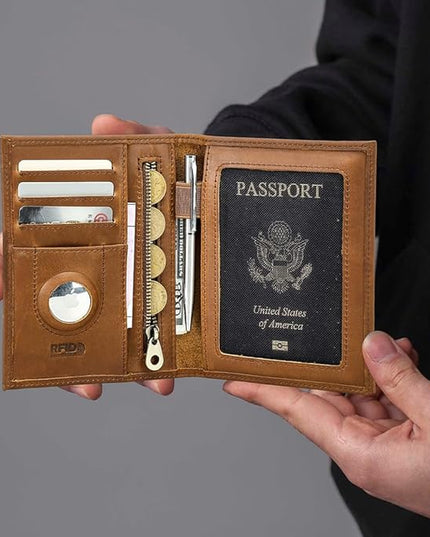 CONTACTS Full Grain Leather Passport Holder RFID Blocking Travel Passport Wallet Compatible with Airtag Passport Cover Case with 4 Cards Slots, Coin Pocket (Brown)