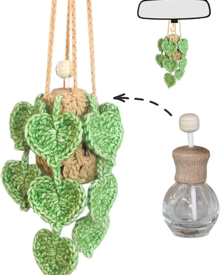 Handmade Crochet Hanging Car Air Freshener- Lifelike Green Pothos for Hanging with 12ml Thick Refillable Glass Diffuser Bottle, Suitable Decor for Car Rearview Mirror, Home & Wellness Spaces